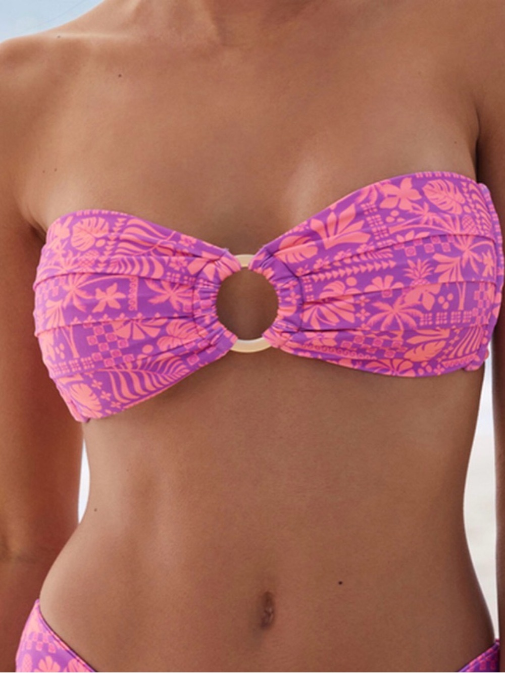 Kulani Kinis Pink and Coral Floral Ring-Front Bandeau Bikini Top